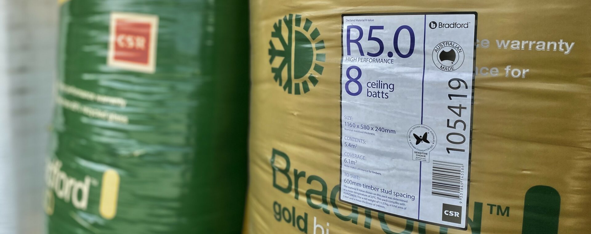 Bradford Gold Hi-Performance insulation batts ceiling R-value of R5.0