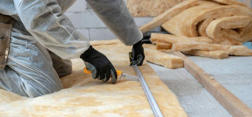 Insulation installer cutting high r-value ceiling insulation