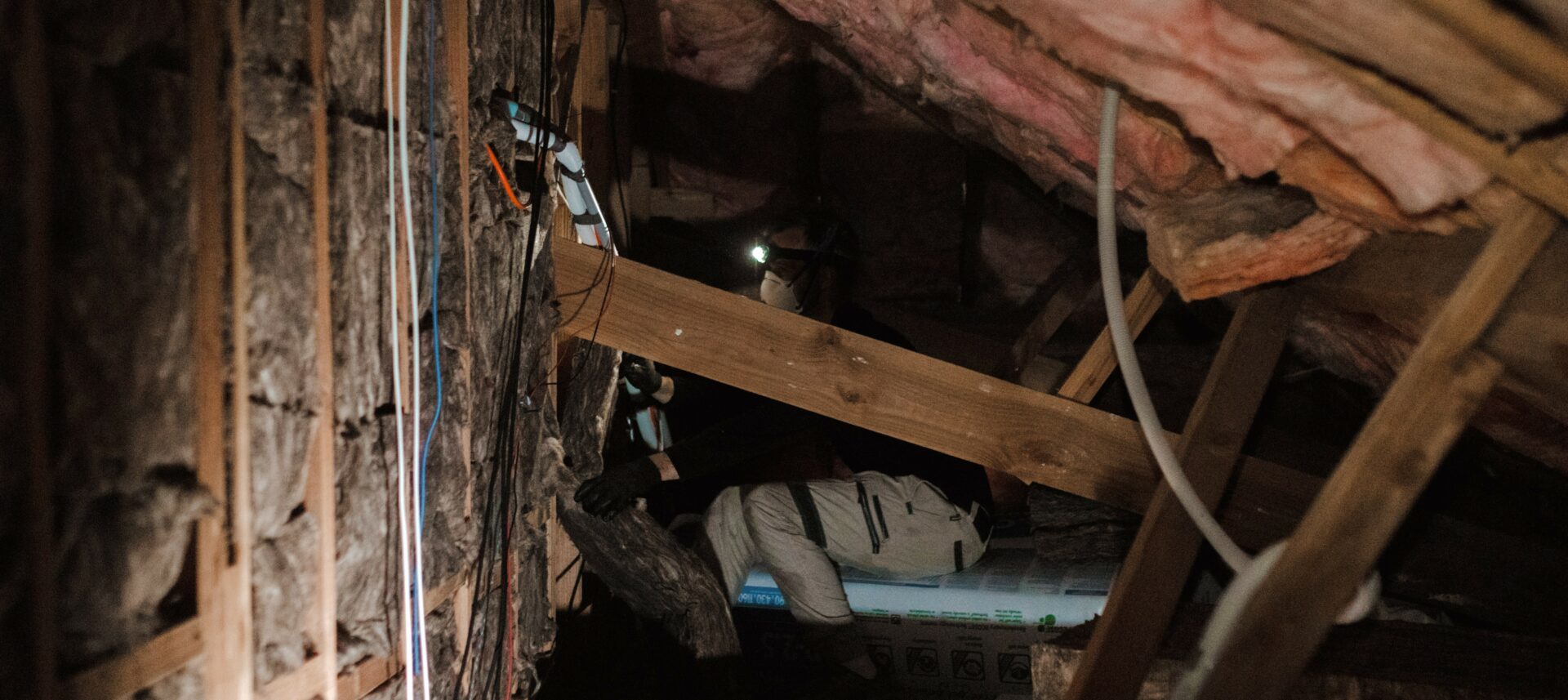 A certified insulation installer works in a crammed roof space, surrounded by timber joists and electrical wires.